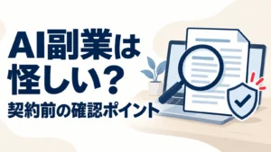 AI副業の契約前確認を示すノートパソコン、契約書、虫眼鏡とチェック付きの盾