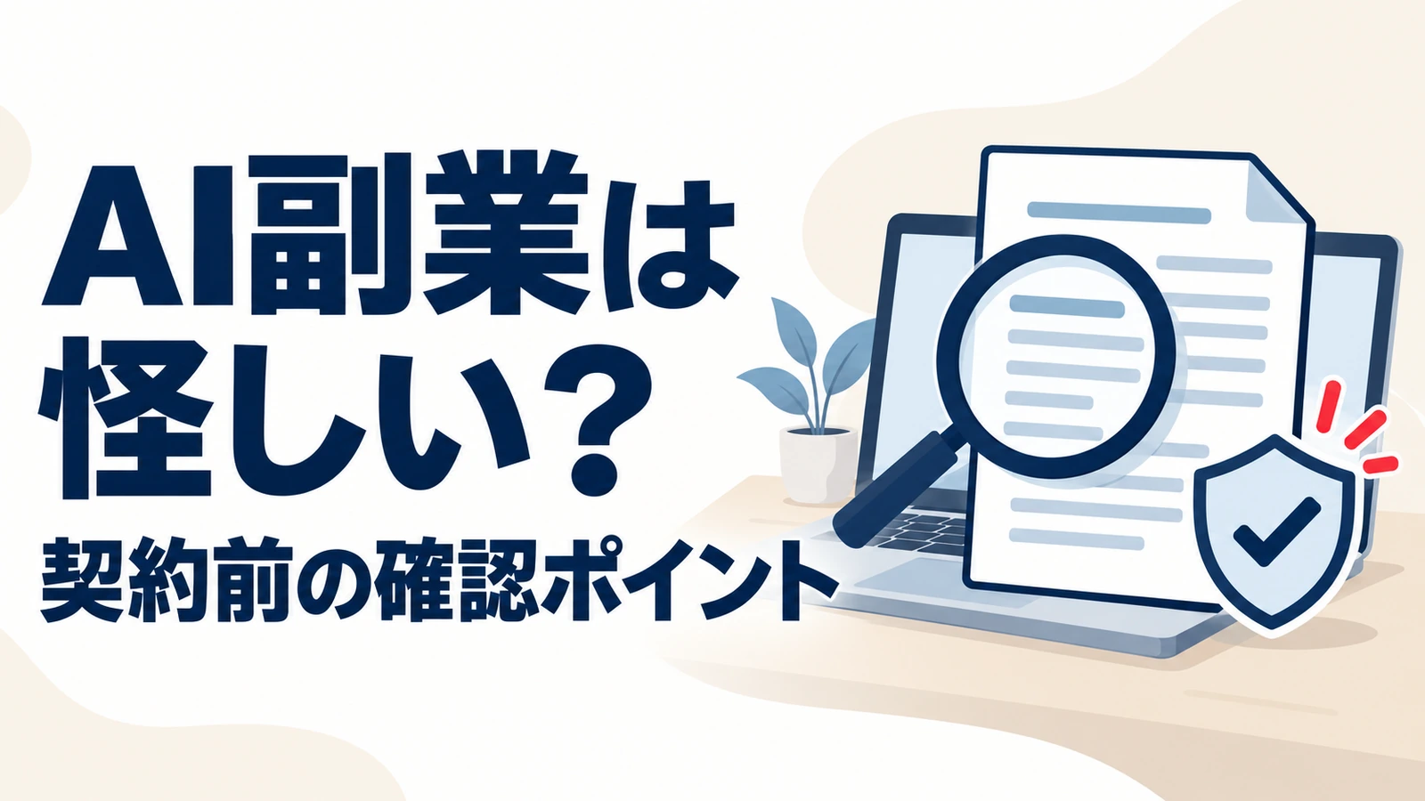 AI副業の契約前確認を示すノートパソコン、契約書、虫眼鏡とチェック付きの盾