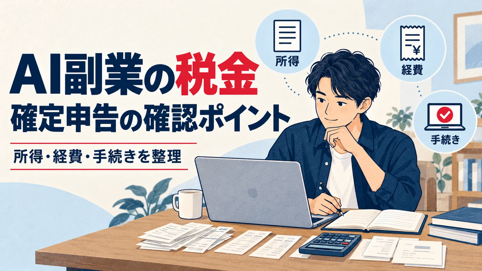 AI副業の所得と経費と手続きを確認する会社員のイメージ