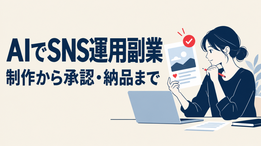 AIを使ったSNS運用副業で投稿案を人が確認し、承認と納品へ進むイメージ