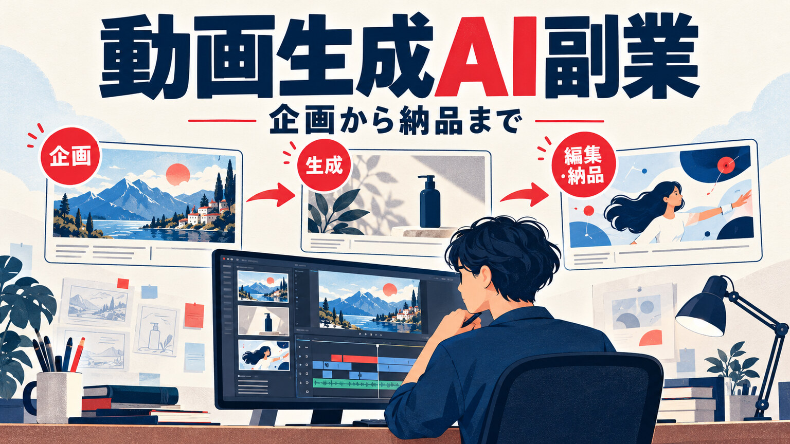 動画生成AI副業の企画、生成、編集と納品を進める制作者のイラスト
