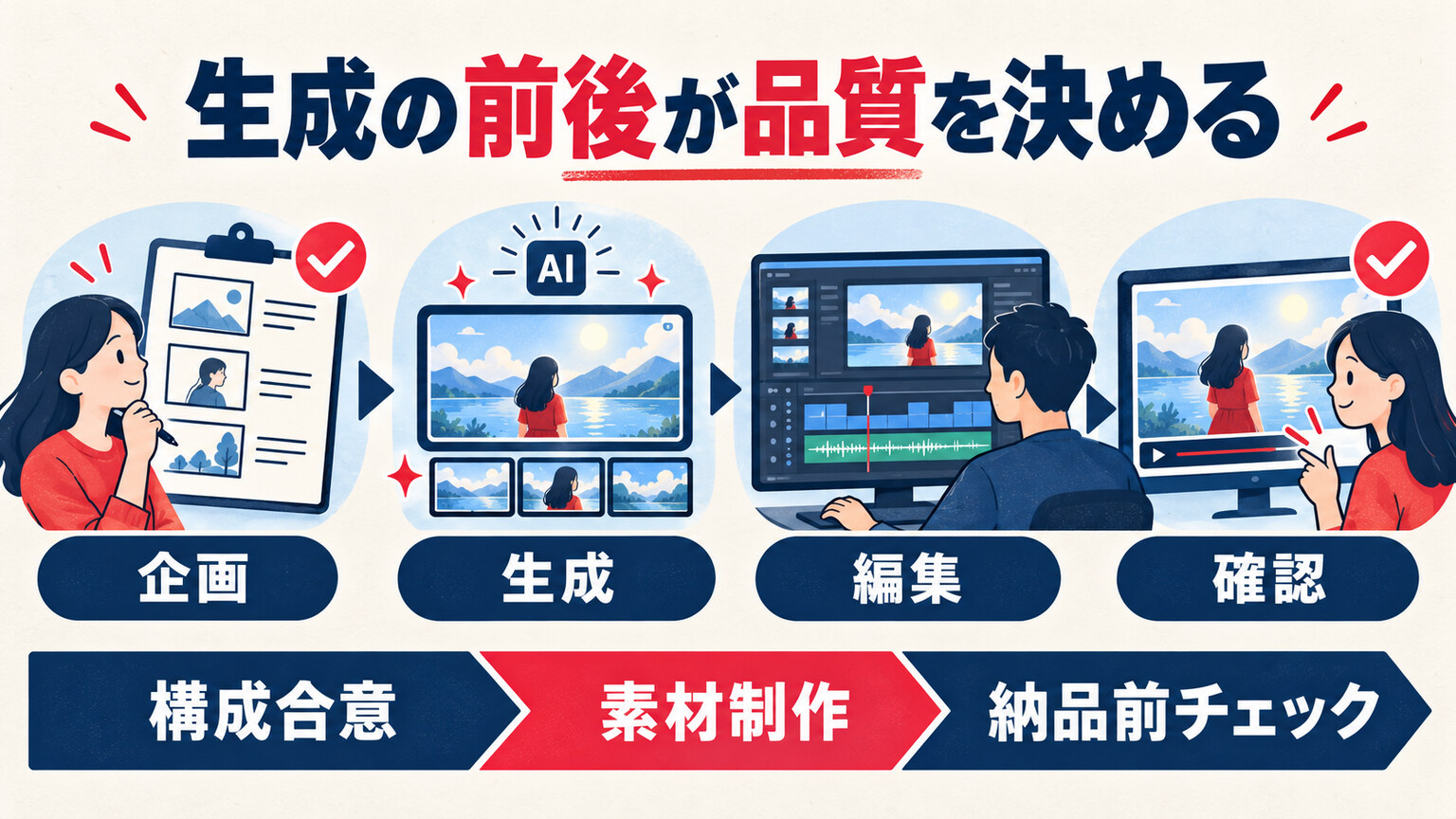 動画生成AIの企画、生成、編集、確認の四工程と承認のタイミングを示した図