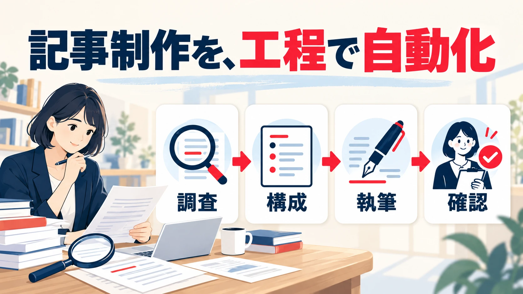 調査・構成・執筆・確認を分けて記事制作を自動化する流れと編集担当者