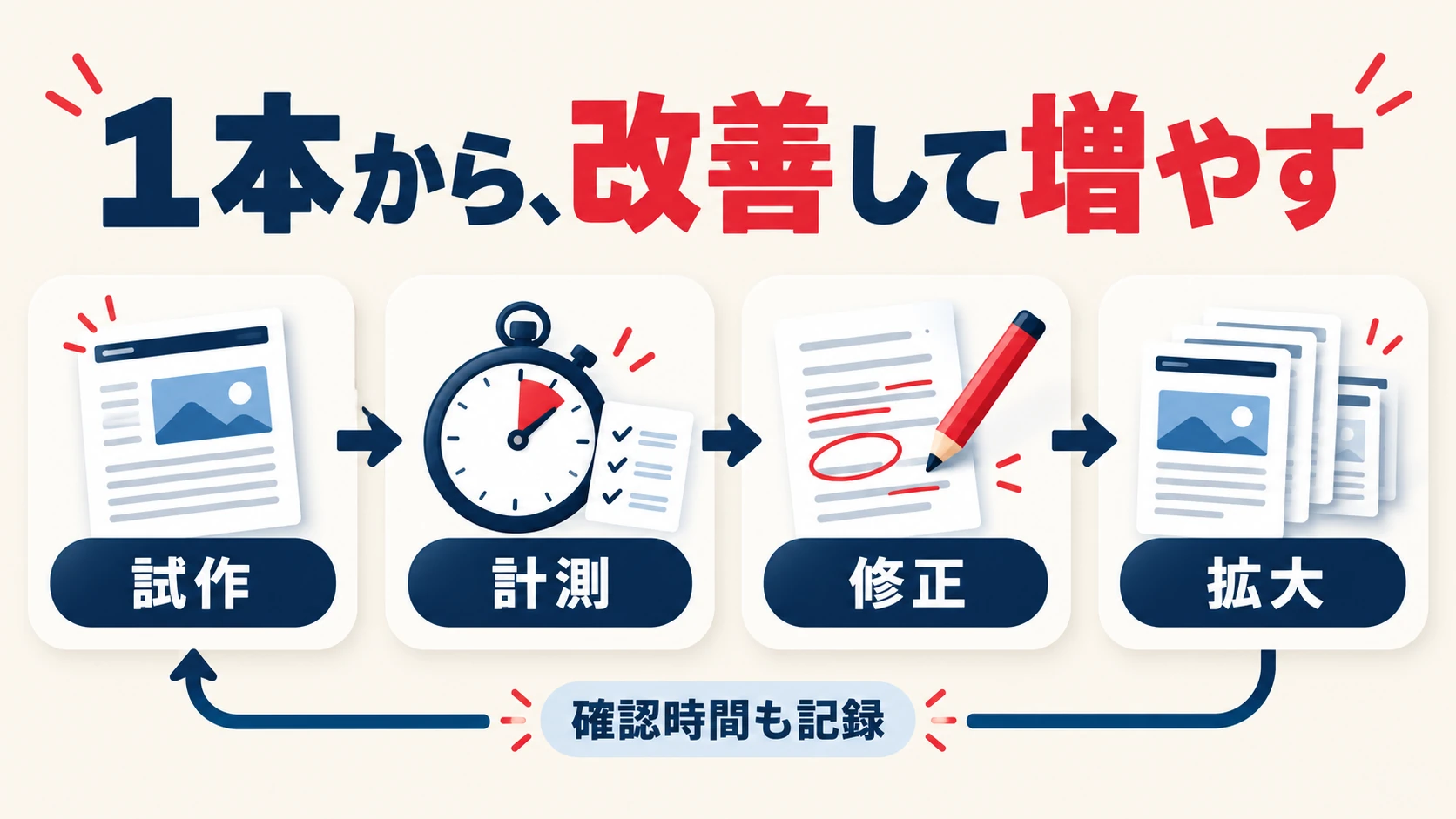 試作、計測、修正、拡大を繰り返し、記事の確認時間も記録する改善サイクル