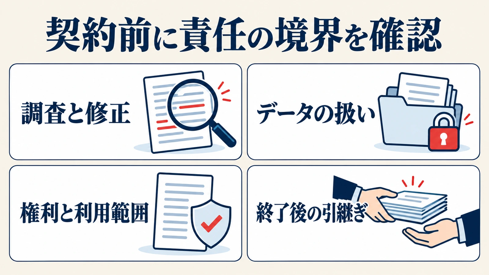 調査と修正、データの扱い、権利と利用範囲、終了後の引継ぎの四つの契約確認項目を示す図