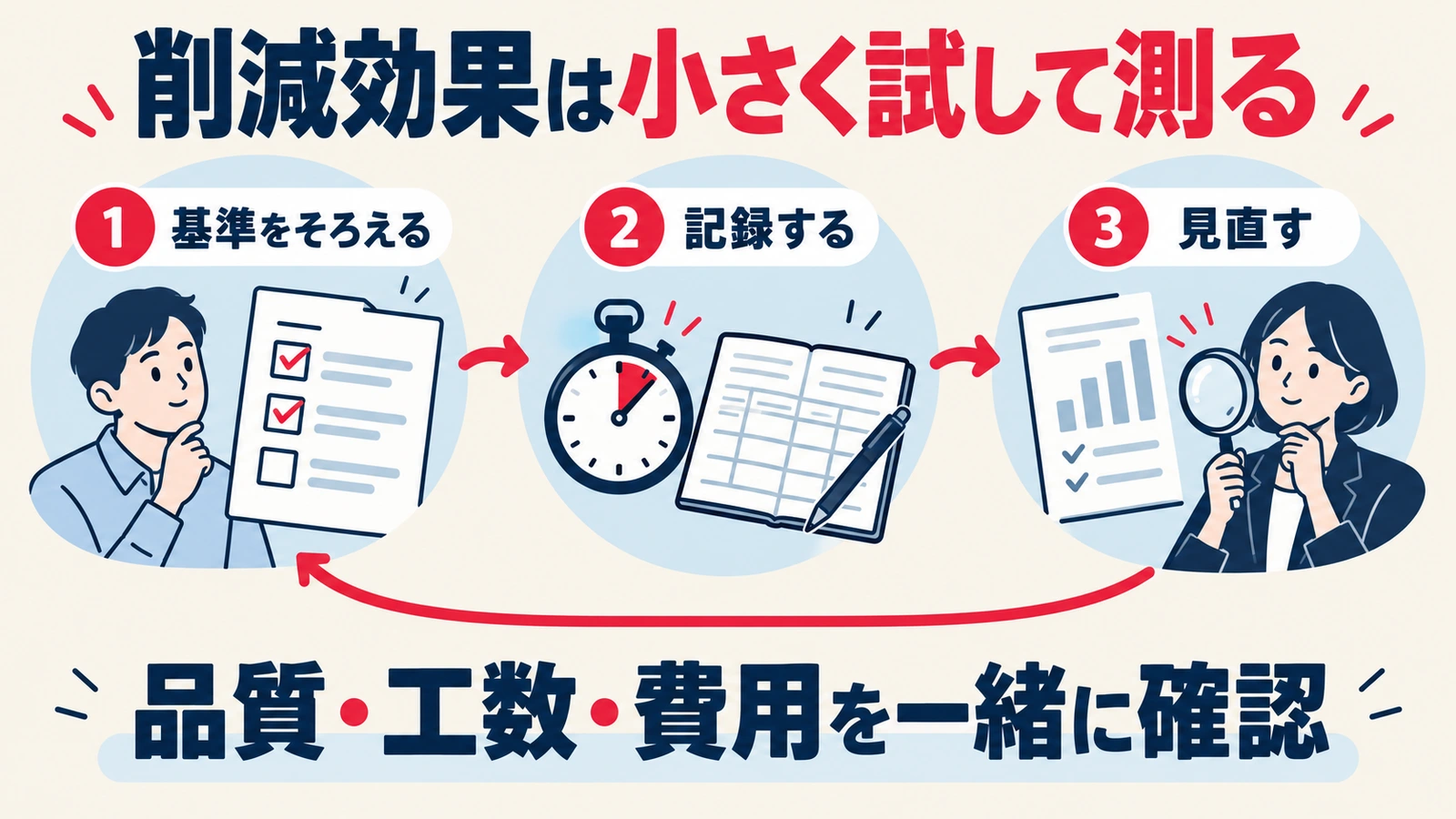 品質、工数、費用の基準をそろえて改善を測る図