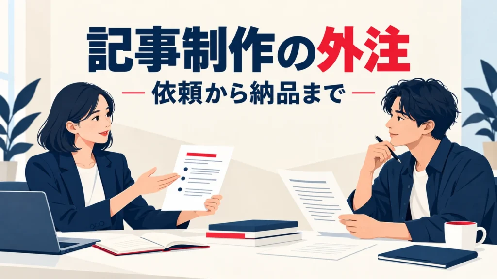 依頼書を共有する発注担当者と外部ライターを描いた記事制作外注のイラスト