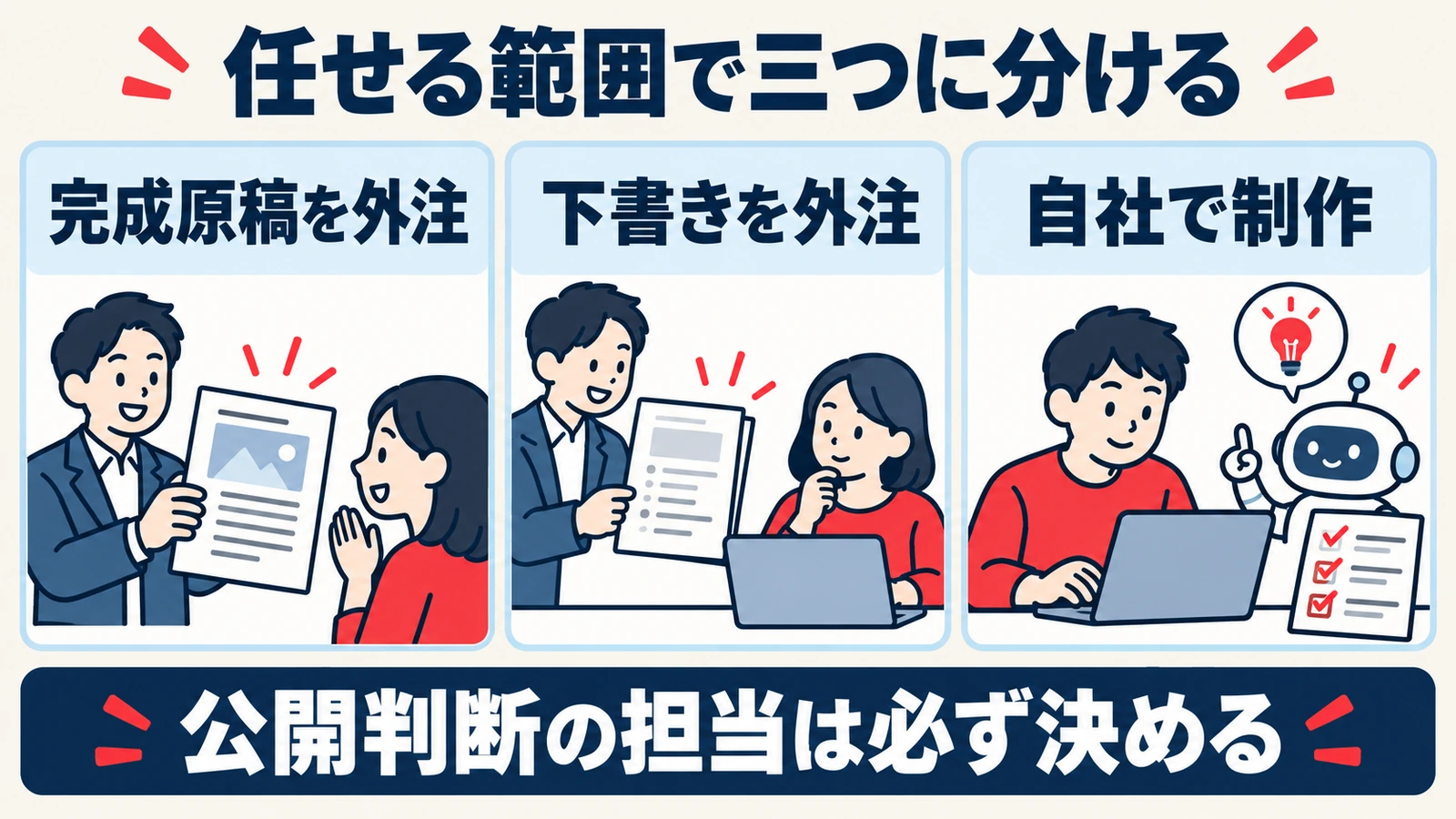 完成原稿を外注、下書きを外注、自社で制作の三方式と、公開判断の担当を決める必要を示す図
