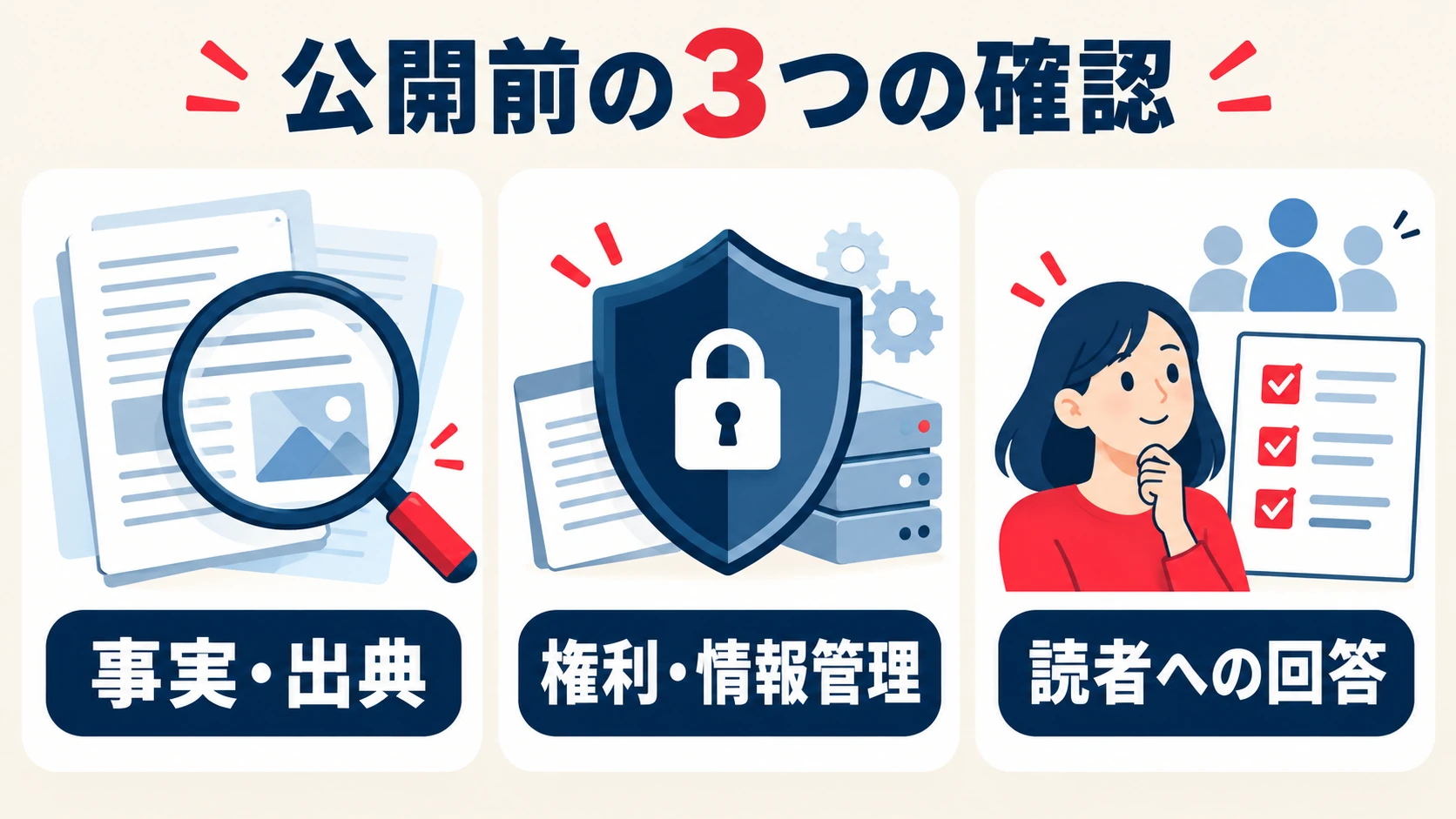 事実と出典、権利と情報管理、読者への回答という記事の確認点