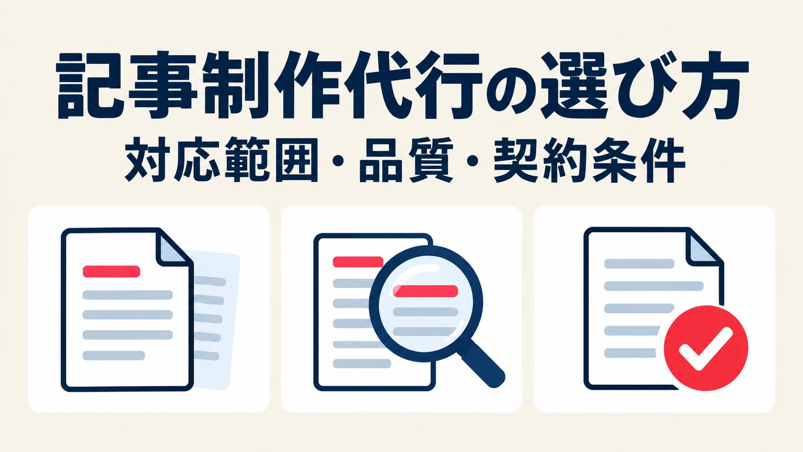 対応範囲、品質、契約条件の3つの観点で記事制作代行を選ぶ図
