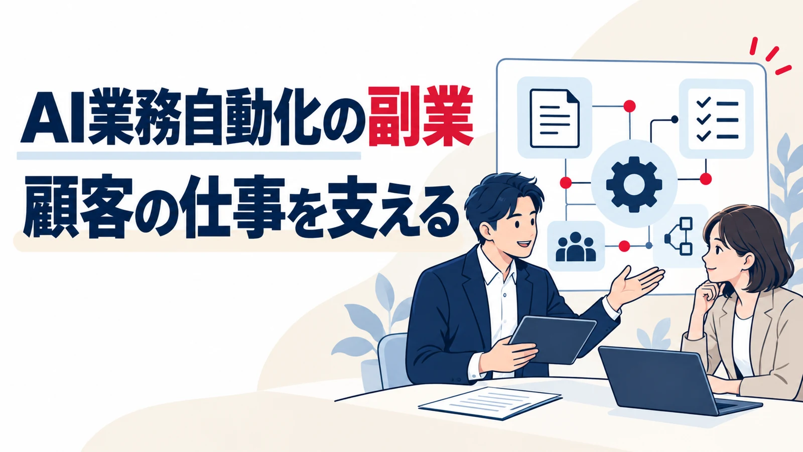 AI業務自動化の副業で顧客と作業の仕組みを確認する担当者のイメージ