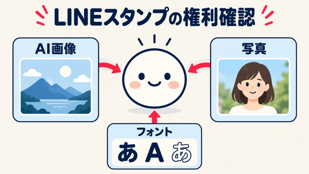 LINEスタンプに使うAI画像・写真・フォントを販売前に確認するイメージ