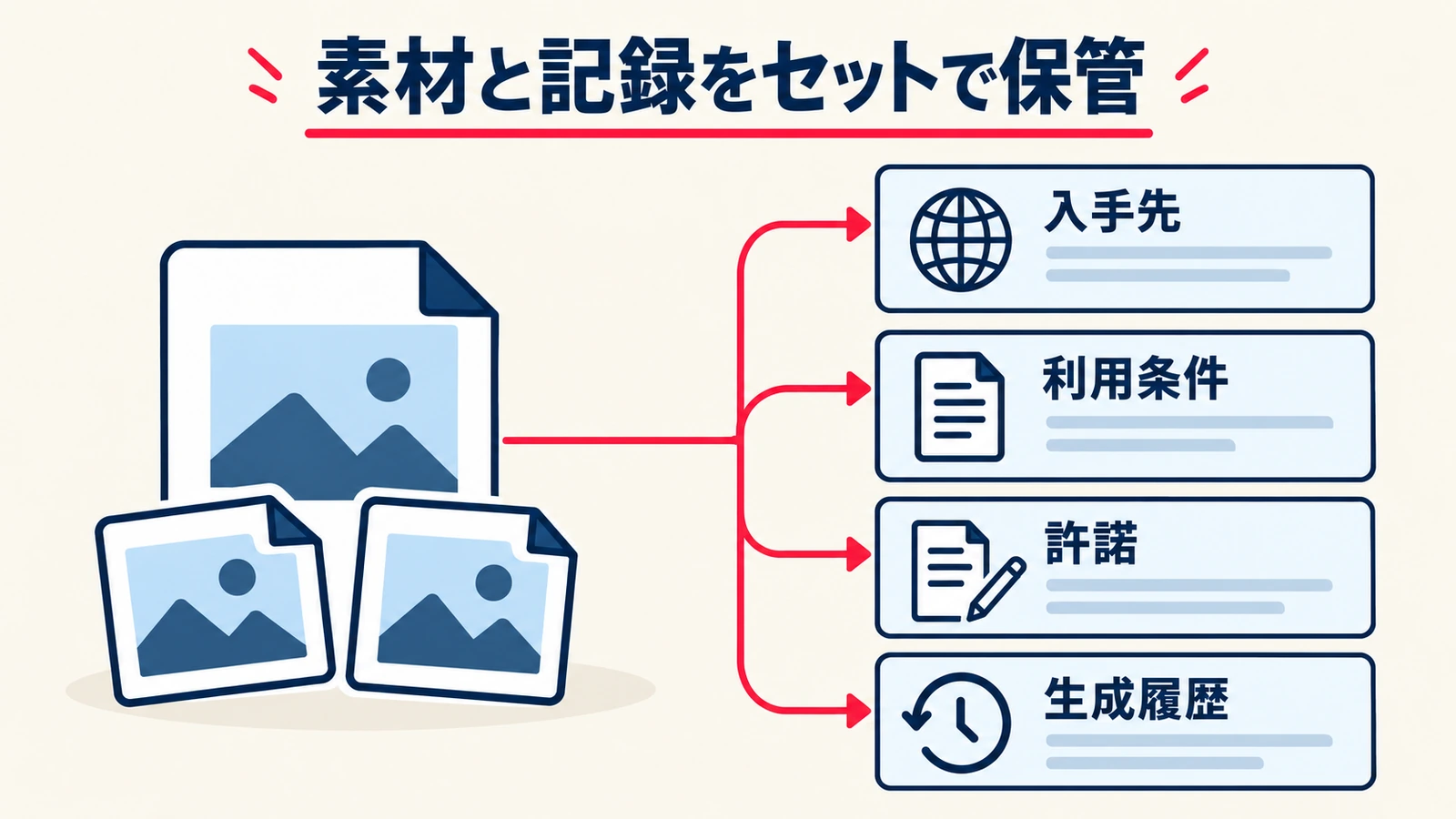 使用した素材と入手先、利用条件、許諾、AI生成履歴をひも付けて保管する例