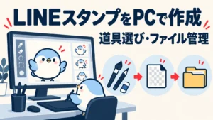 PCと描画ツール、透過PNG、保存フォルダでLINEスタンプ制作の準備を表したイメージ