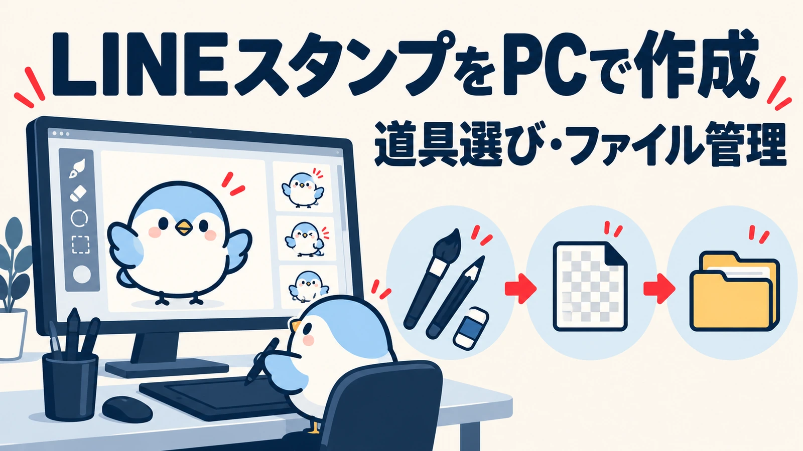 PCと描画ツール、透過PNG、保存フォルダでLINEスタンプ制作の準備を表したイメージ