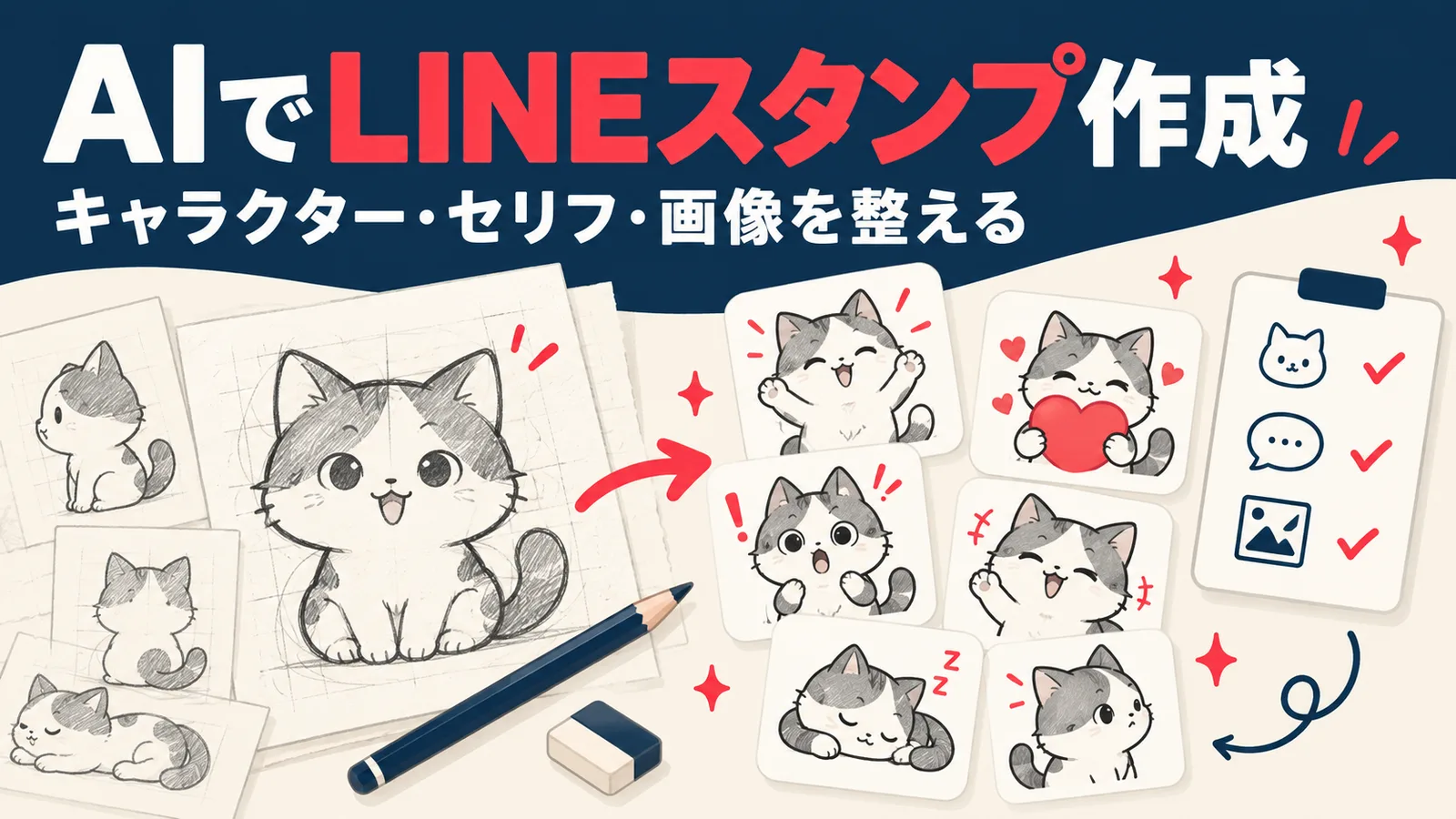 キャラクターとセリフを決め、見本を作り、検品して静止画スタンプに整える工程