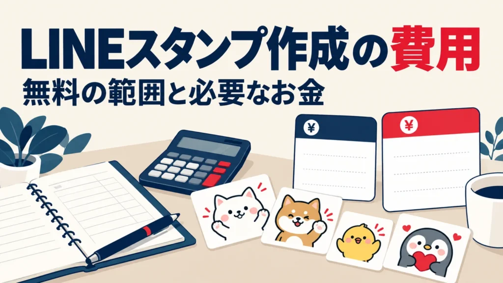 LINEスタンプ制作の無料範囲と任意の有料費用を、端末・素材・ツールの要素で示した図