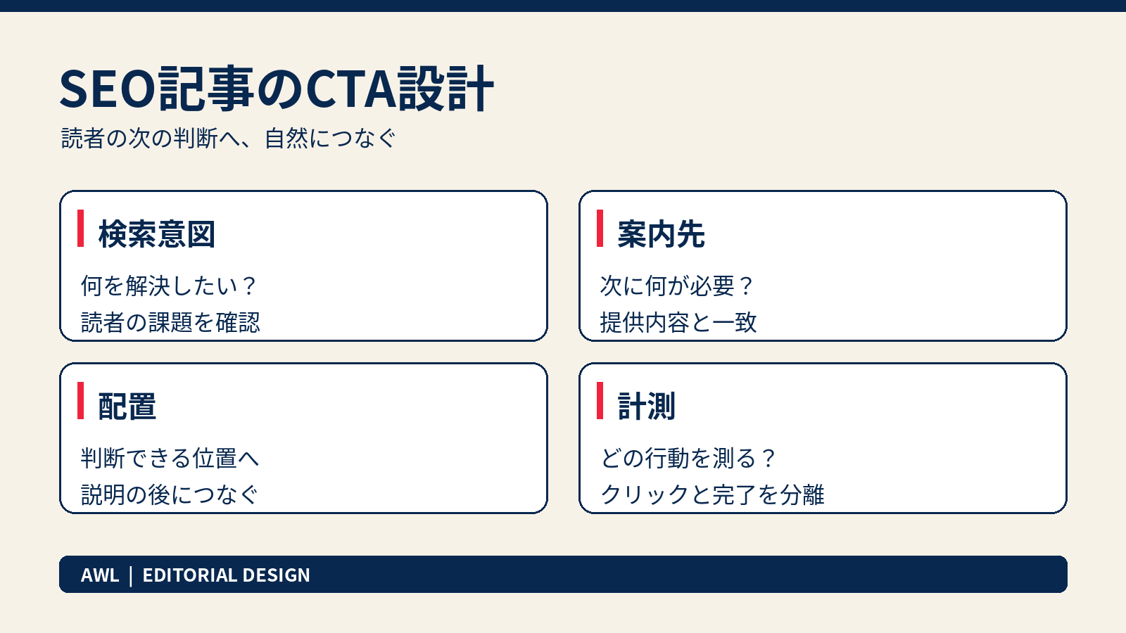 検索意図、案内先、配置、計測の四つを整理するSEO記事のCTA設計