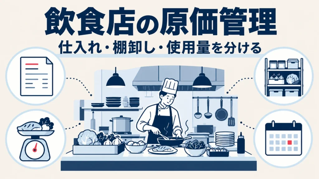 仕入伝票、食材の棚、計量器を使って月次の原価管理を行う飲食店のイメージ