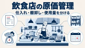 仕入伝票、食材の棚、計量器を使って月次の原価管理を行う飲食店のイメージ