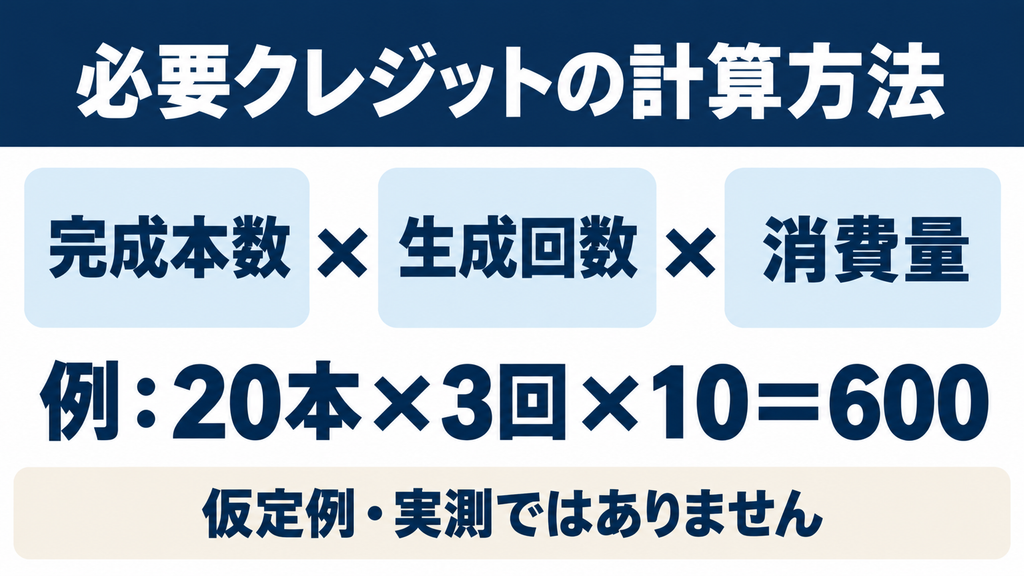 必要クレジットの計算例：完成20本×生成3回×消費10クレジット＝600。実測ではない仮定例