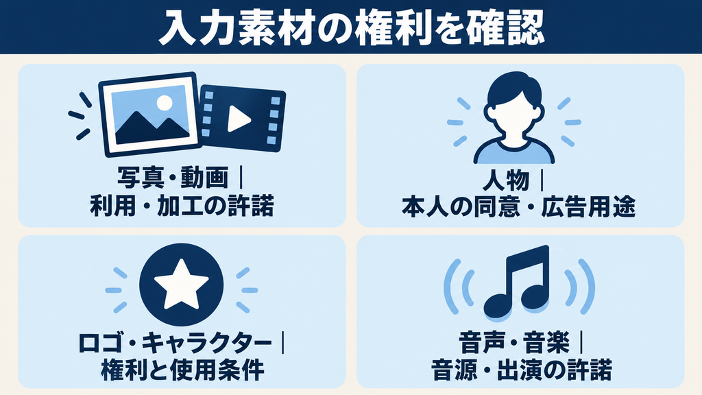 写真・動画、人物、ロゴ・キャラクター、音声・音楽の権利確認
