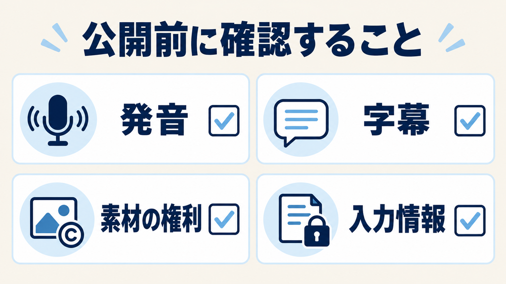 AI Studiosで作った動画の公開前に確認する発音・字幕・素材の権利・入力情報