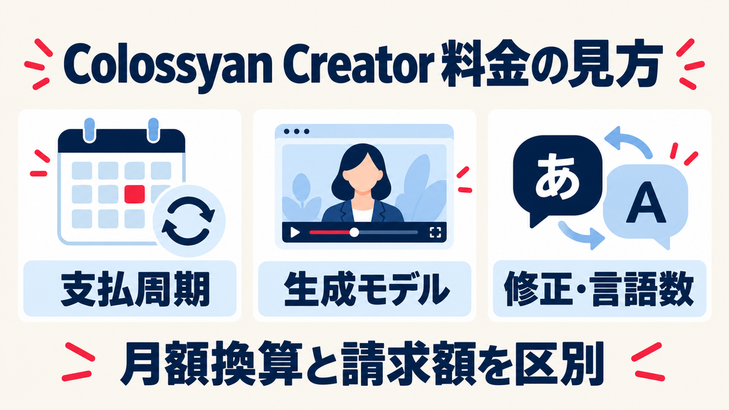 Colossyan Creatorの料金確認:支払周期、生成モデル、修正と言語数。月額換算と請求額を区別