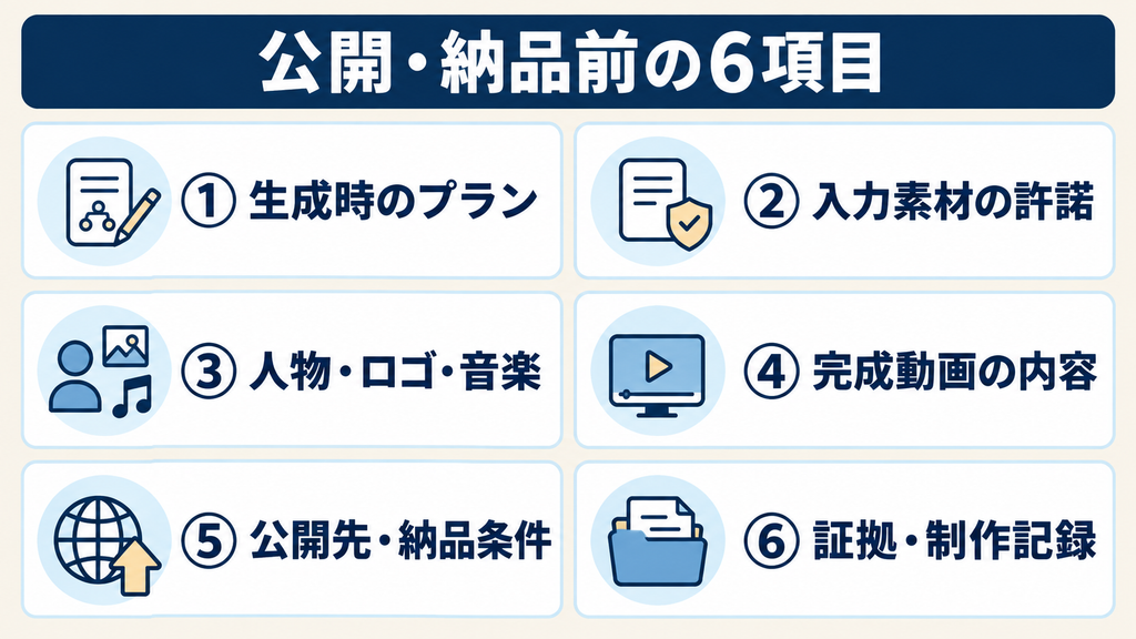 公開・納品前の6項目：プラン、素材の許諾、人物・音楽、完成動画、納品条件、制作記録