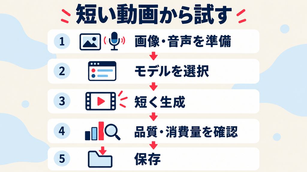 Hedraで短い動画を試す5手順:画像と音声の準備、モデル選択、生成、品質と消費量の確認、保存