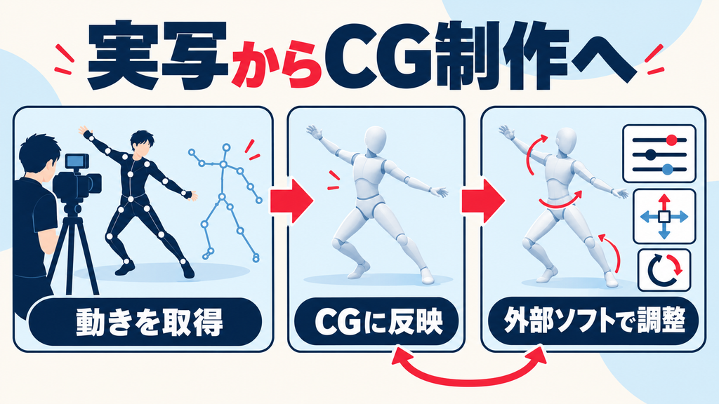 Autodesk Flow Studioで実写の動きを取得し、CGへ反映して外部ソフトで調整する流れ