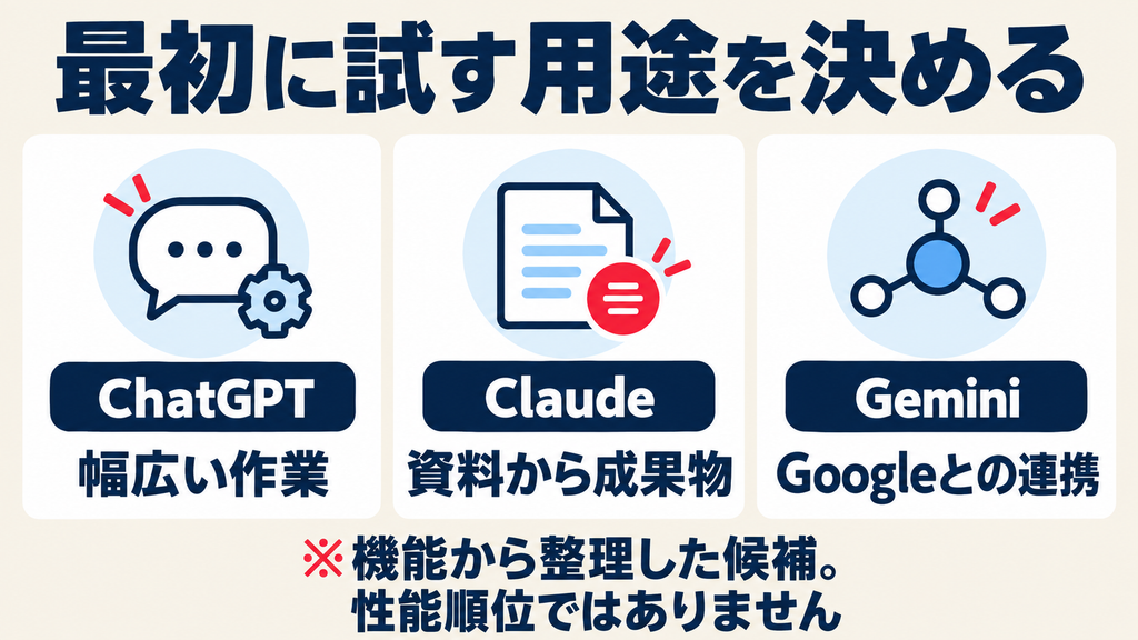 生成AIツールの用途別比較:ChatGPTは幅広い作業、Claudeは資料から成果物、GeminiはGoogleとの連携が候補
