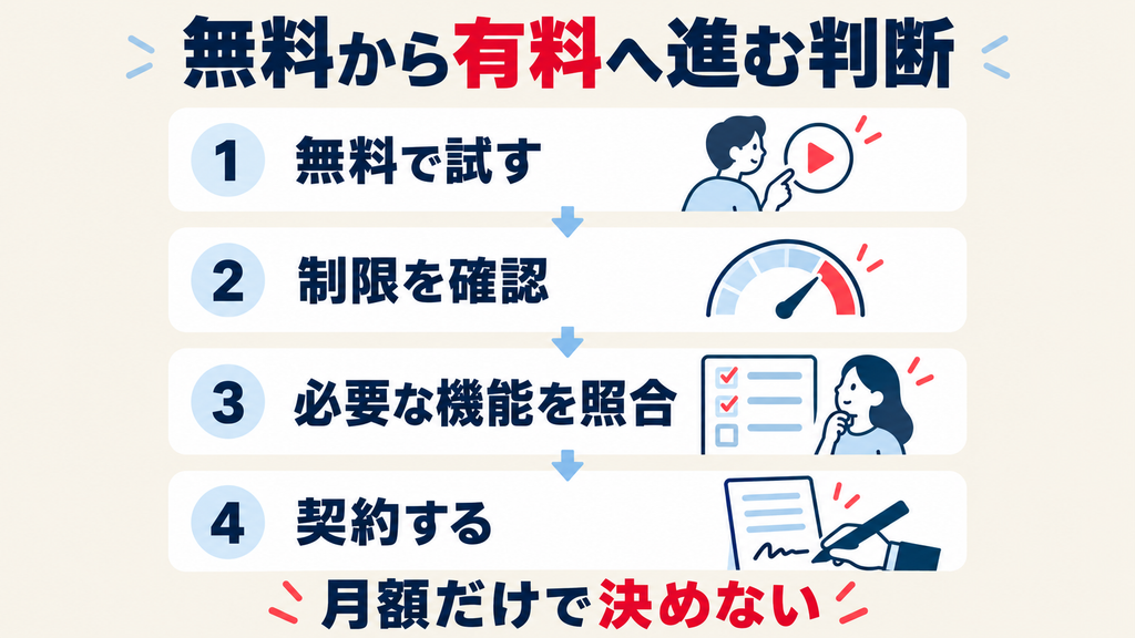 無料で試して制限を確認し、必要な機能を照合してから有料プランを契約する手順
