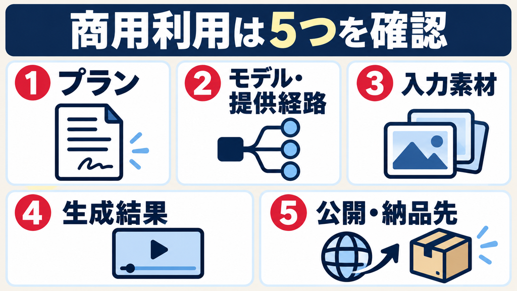 動画生成AIの商用利用で確認する5項目:プラン、モデル・提供経路、入力素材、生成結果、公開・納品先