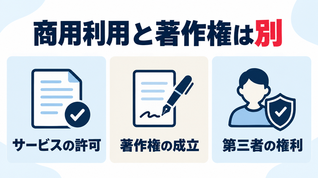 商用利用の許可、著作権の成立、第三者の権利を分けて確認する図