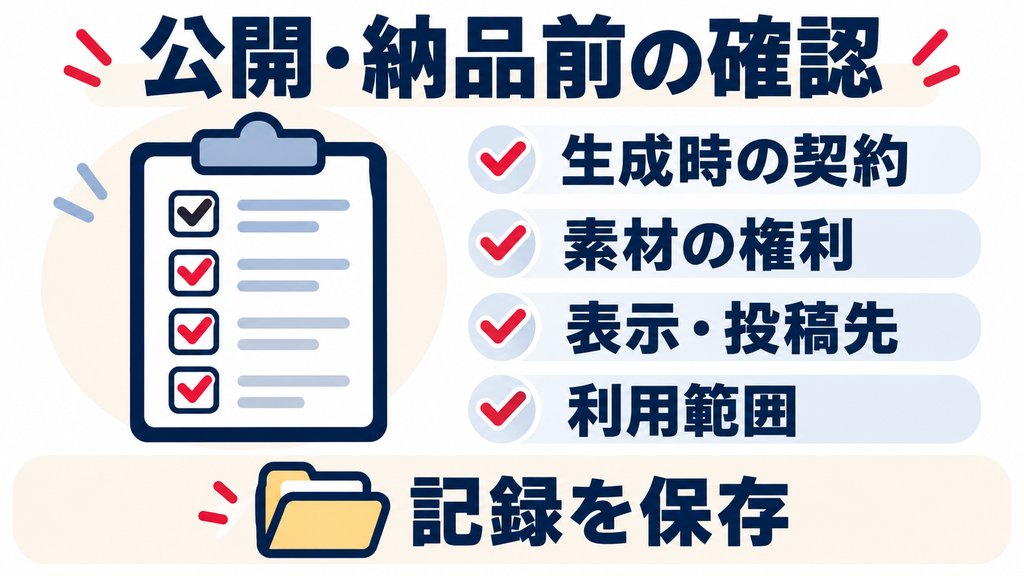 公開・納品前に生成時の契約、素材の権利、表示・投稿先、利用範囲を確認し記録を保存