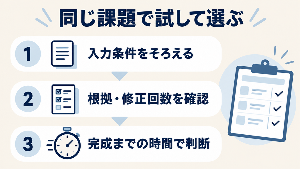 同じ課題でAIツールを比較し、入力条件・根拠・修正回数・完成時間を確認する手順