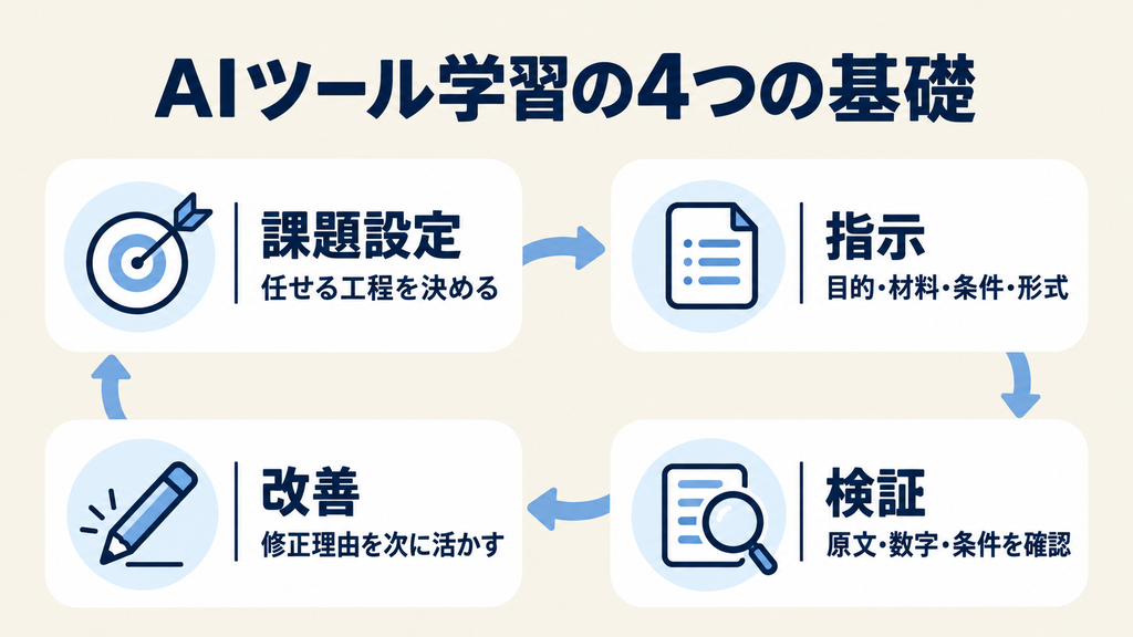 AIツールの勉強に必要な課題設定・指示・検証・改善の4つの基礎
