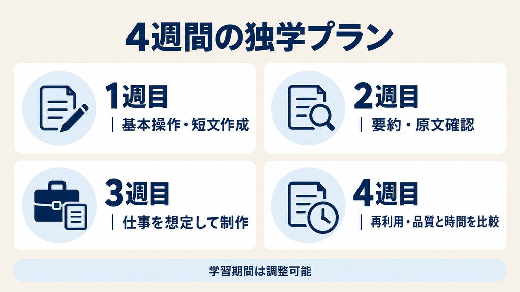 AIツールの4週間の独学プラン:基本操作、要約、仕事を想定した制作、再利用と比較