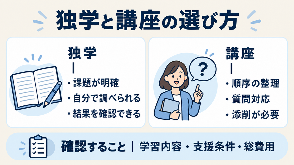 AIツールの独学と講座を選ぶ基準:課題、質問・添削の必要性、支援条件と総費用