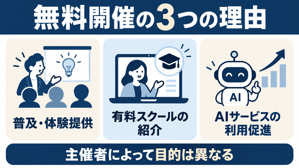 生成AIの無料セミナーはなぜ無料なのか：普及・体験提供、有料スクールの紹介、AIサービスの利用促進という3つの理由