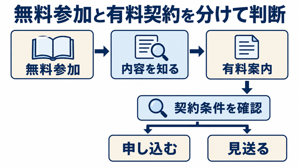 無料セミナーへの参加から有料案内、契約条件の確認を経て、申込みと見送りを分けて判断する流れ
