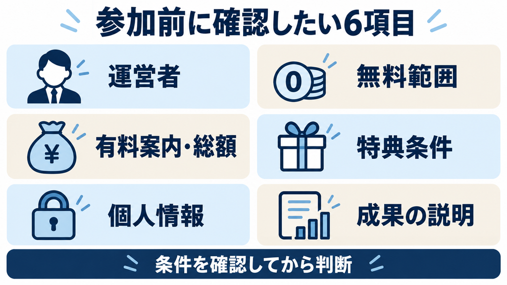 生成AI無料セミナーの参加前に確認したい運営者、無料範囲、有料案内・総額、特典条件、個人情報、成果の説明