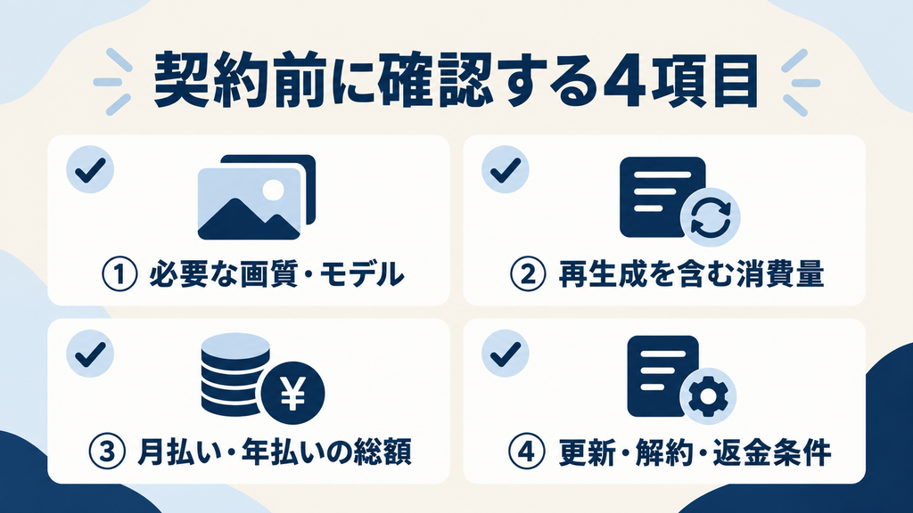 契約前に確認する画質・モデル、消費量、支払総額、更新・解約・返金条件
