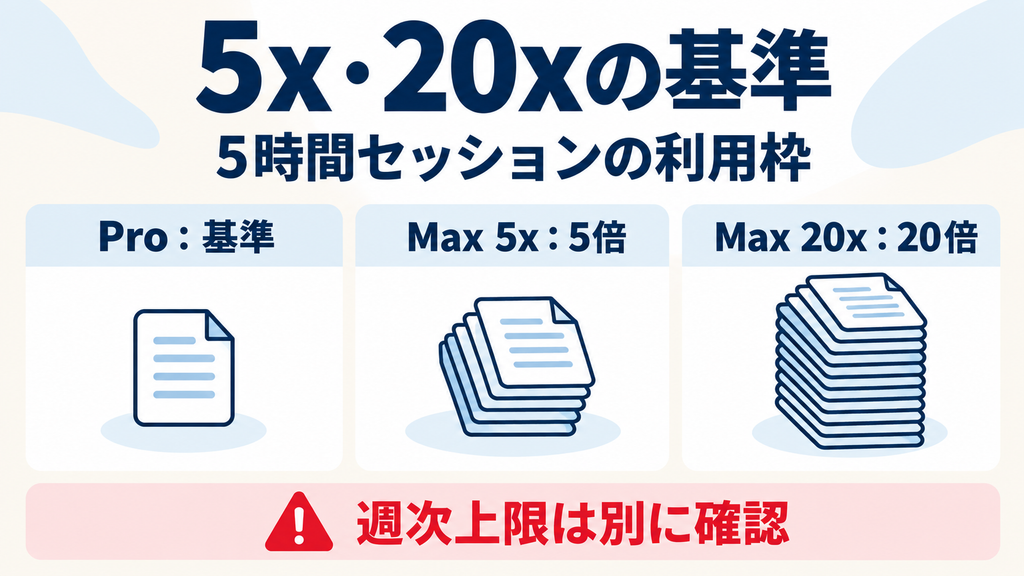 Claude Max 5x・20xの利用枠をProと比較。5時間セッションは5倍・20倍、週次上限は別に確認