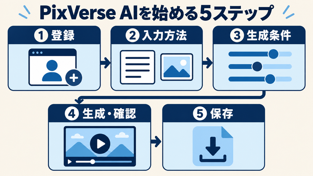 PixVerse AIの使い方を登録・入力方法・生成条件・生成確認・保存の5ステップで説明