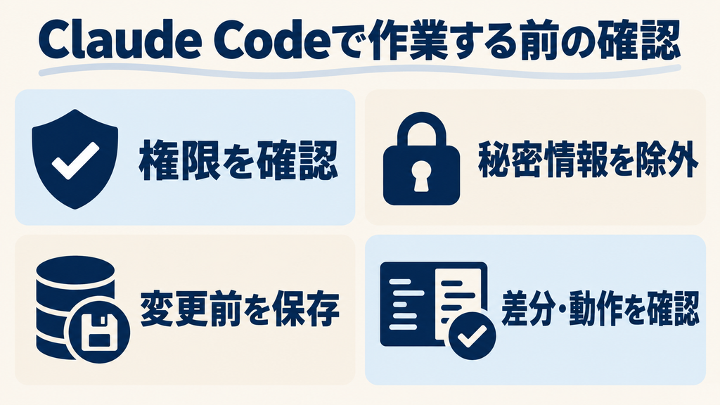 Claude Codeの使い方で注意する権限・秘密情報・バックアップ・差分と動作の確認
