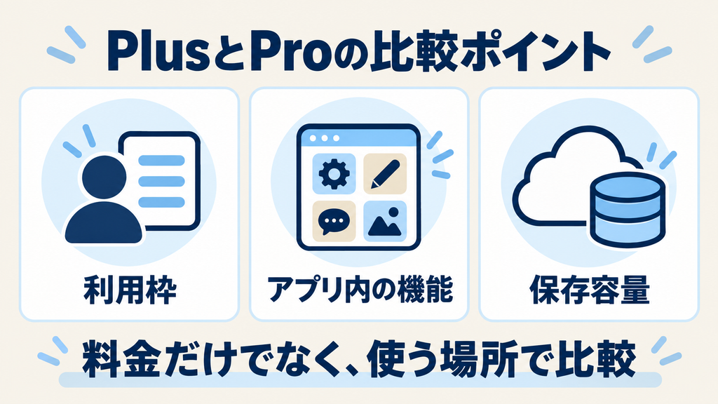 Google AI PlusとProの比較ポイント:利用枠・アプリ内機能・保存容量