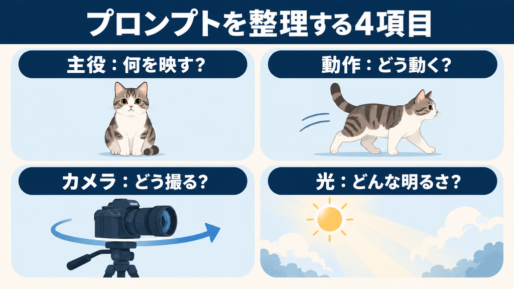 動画生成のプロンプトを主役・動作・カメラ・光の4項目で整理