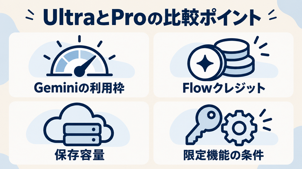 Google AI UltraとProの比較:Gemini利用枠・Flowクレジット・保存容量・限定機能